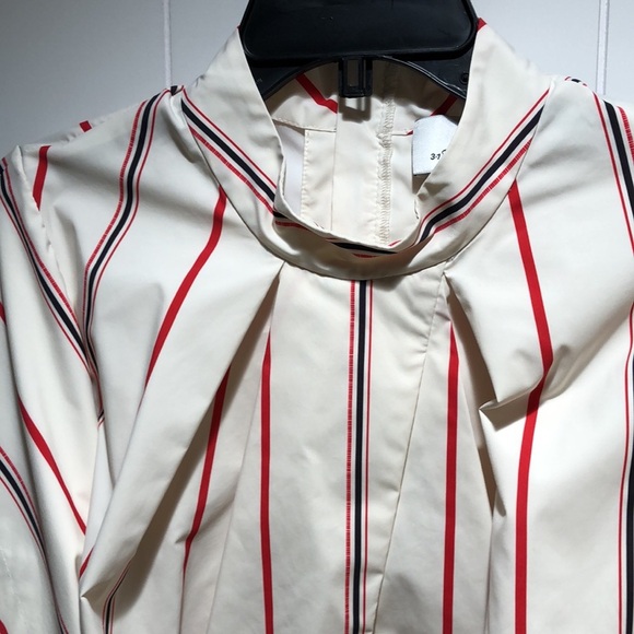 Phillip Lim stripe cream and red cap sleeve mock neck tie waist zipper neck L - Picture 3 of 9
